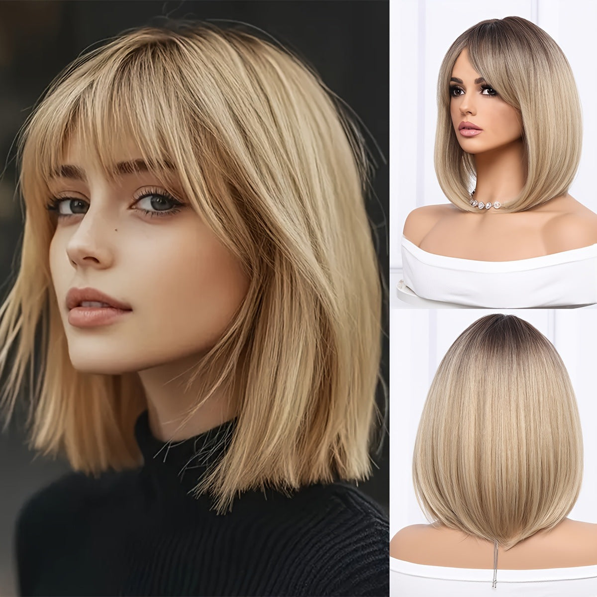 Women's Fashion Light Brown Bangs Same Day Wig Short Straight Hair