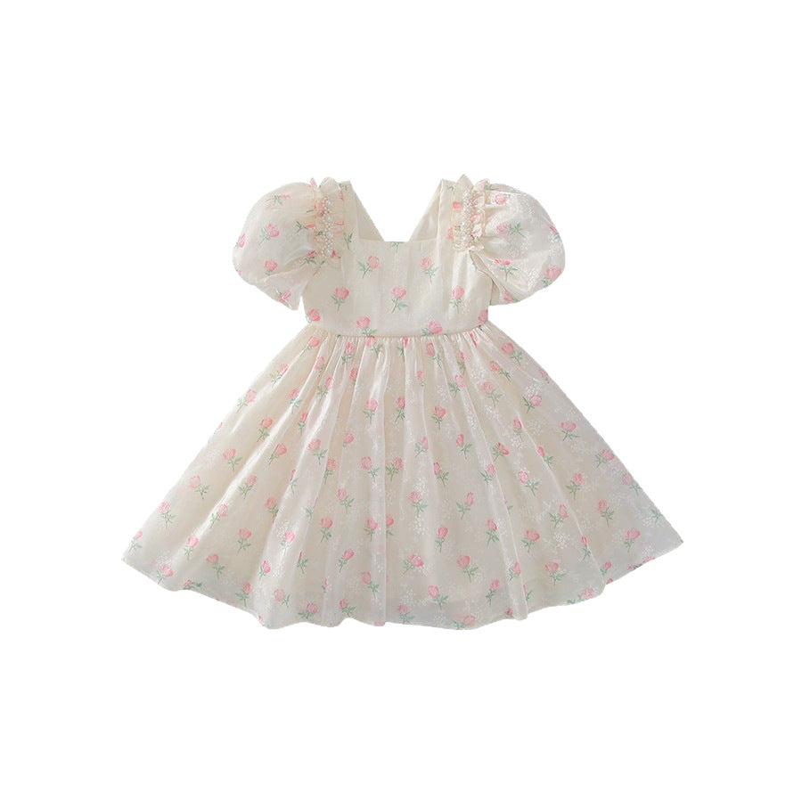 Summer Western Style Floral Skirt Little Bow Puff Children's Dress