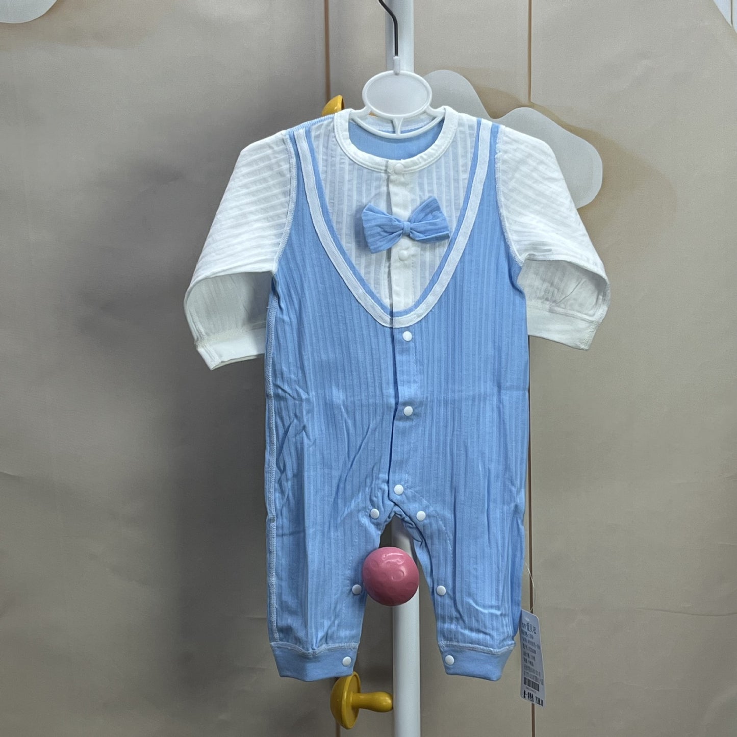 Blue Cotton Born Bow Snap Button Romper Jumpsuit, Climbing Suit