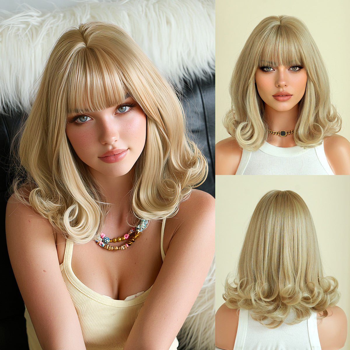 Short Curly Brown Female Fluffy Wavy Partial Bangs Wig Long Curls