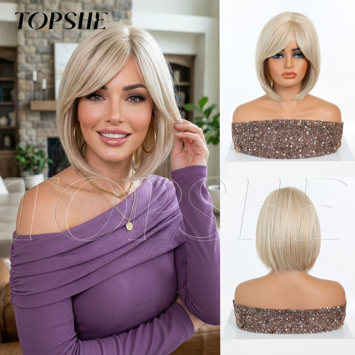 Women's Short Wave Head Gray Brown Highlight Long Straight Wig