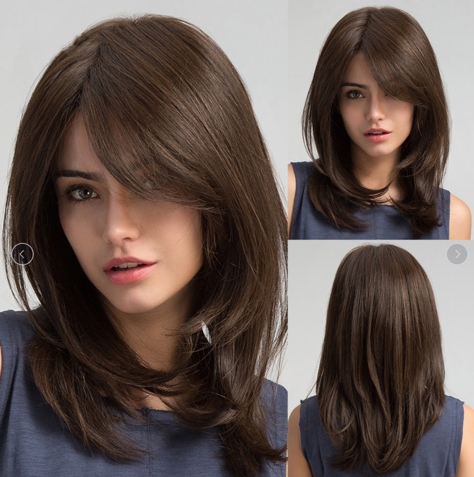 Bangs Gradient Brown Shoulder Hair Female Natural Full Long Straight Wig