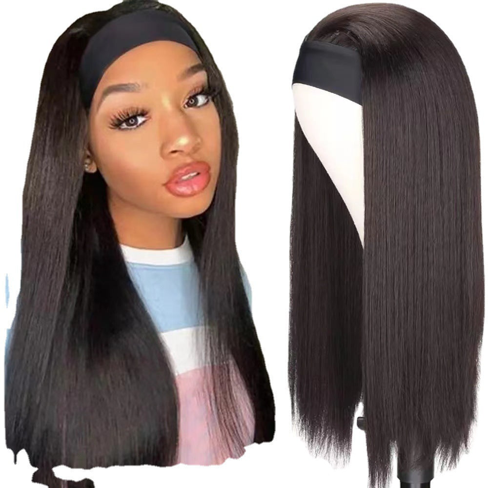 Women's Turban Hair Black Chemical Fiber Band Long Straight Wig
