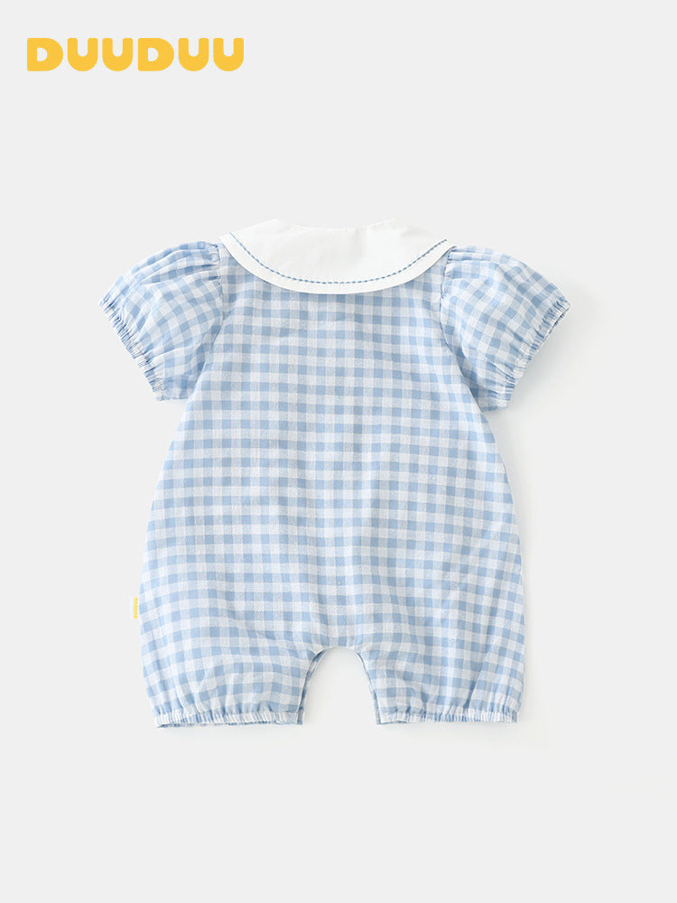 Blue Scale Grid Summer Thin Clothes Class Born Jumpsuit, Climbing Suit