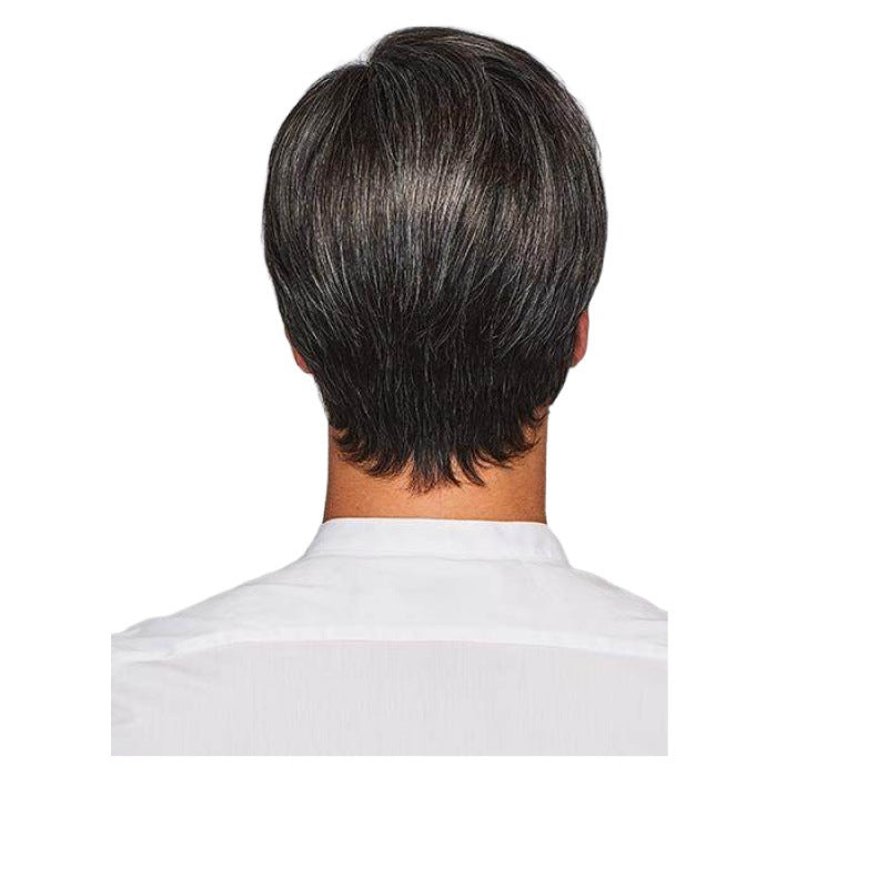 Men's Black White Bangs Partial Split Fluffy Piece Of Men's Wig