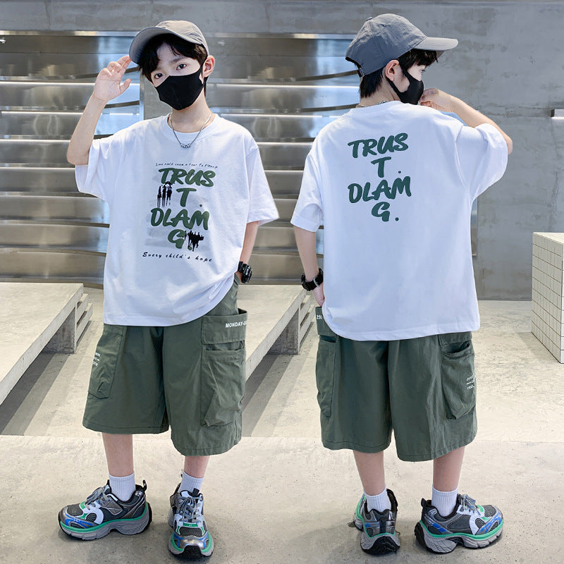 Summer Short Sleeve Medium Large Ruffle Handsome Fashionable Children's Suit