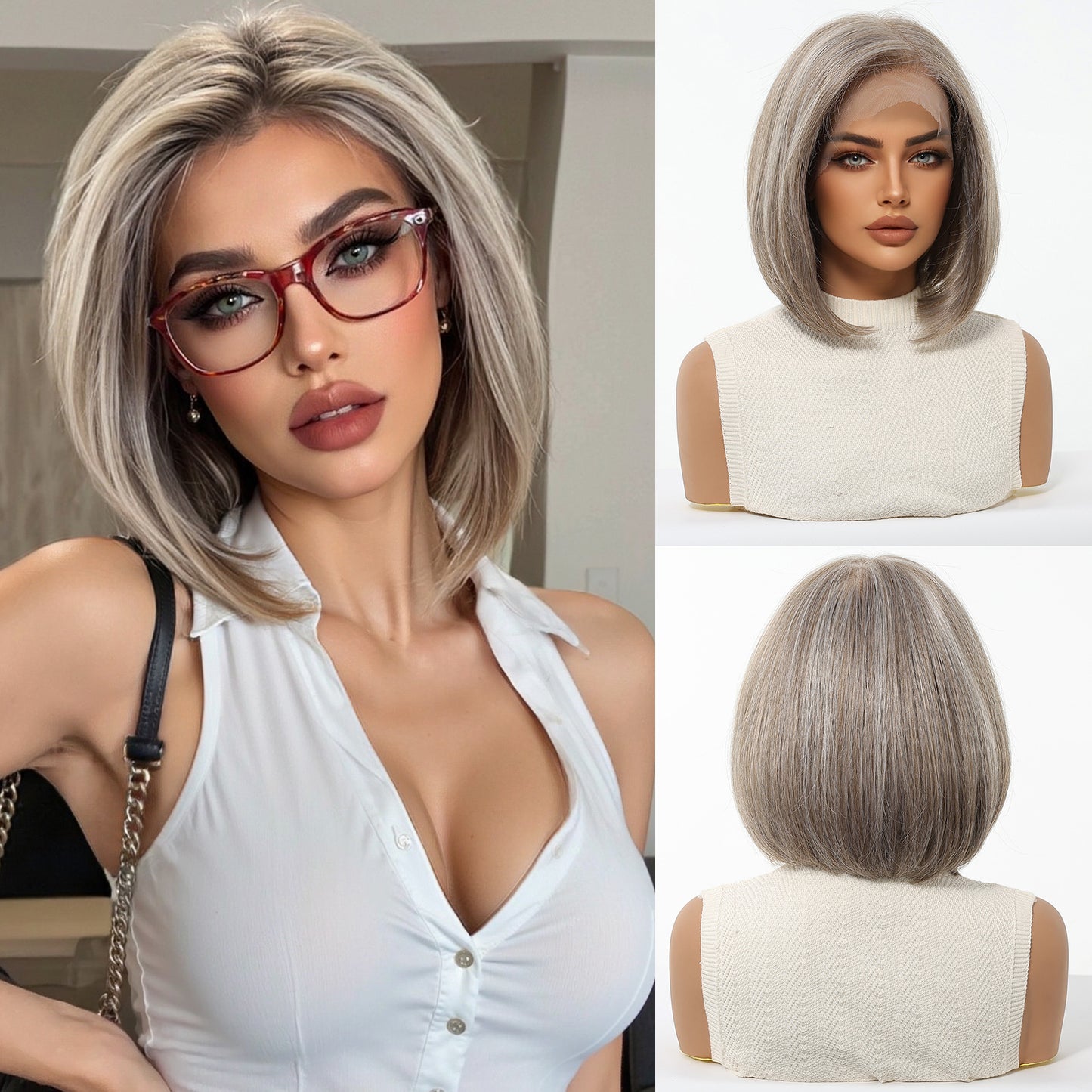 Area Lace Dark Brown Natural Realistic Matte Wig Short Straight Hair