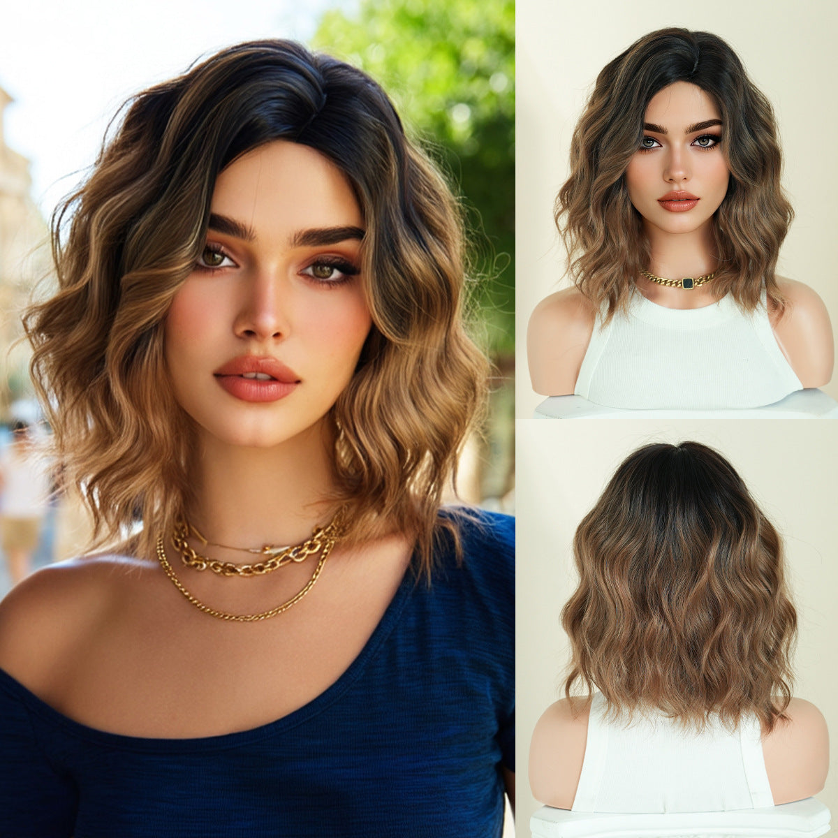 High Quality Gradient Short Curly Hair Medium Wave Mechanism Rose Wig Long Curls