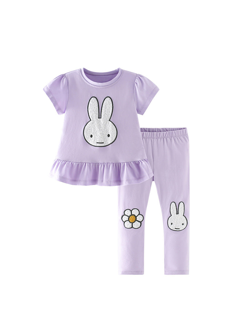 Children's Summer Clothing Short Sleeve Cotton Wooden Ear Pleated Trendy Thin Children's Suit