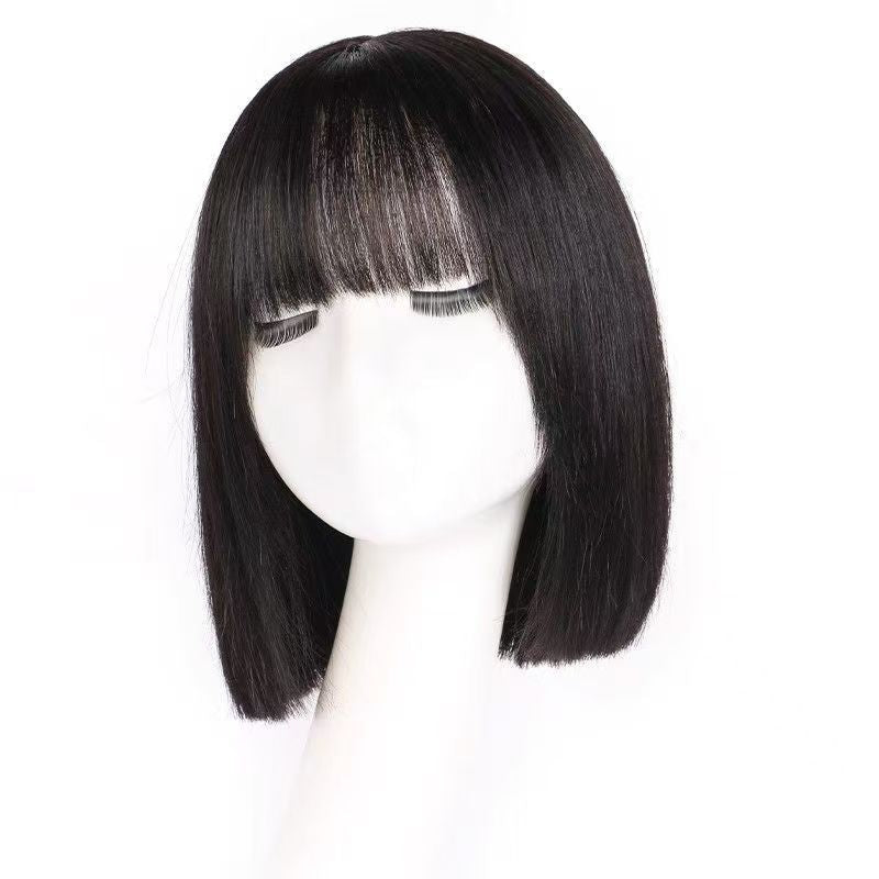 Women's Short Full Human Natural Straight Bangs Real Hair Wig