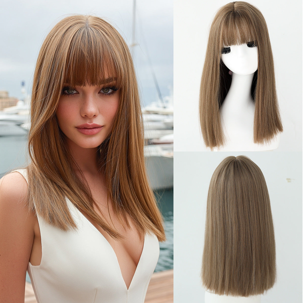 Women's High Quality For Bangs Linen Golden Wig Short Straight Hair