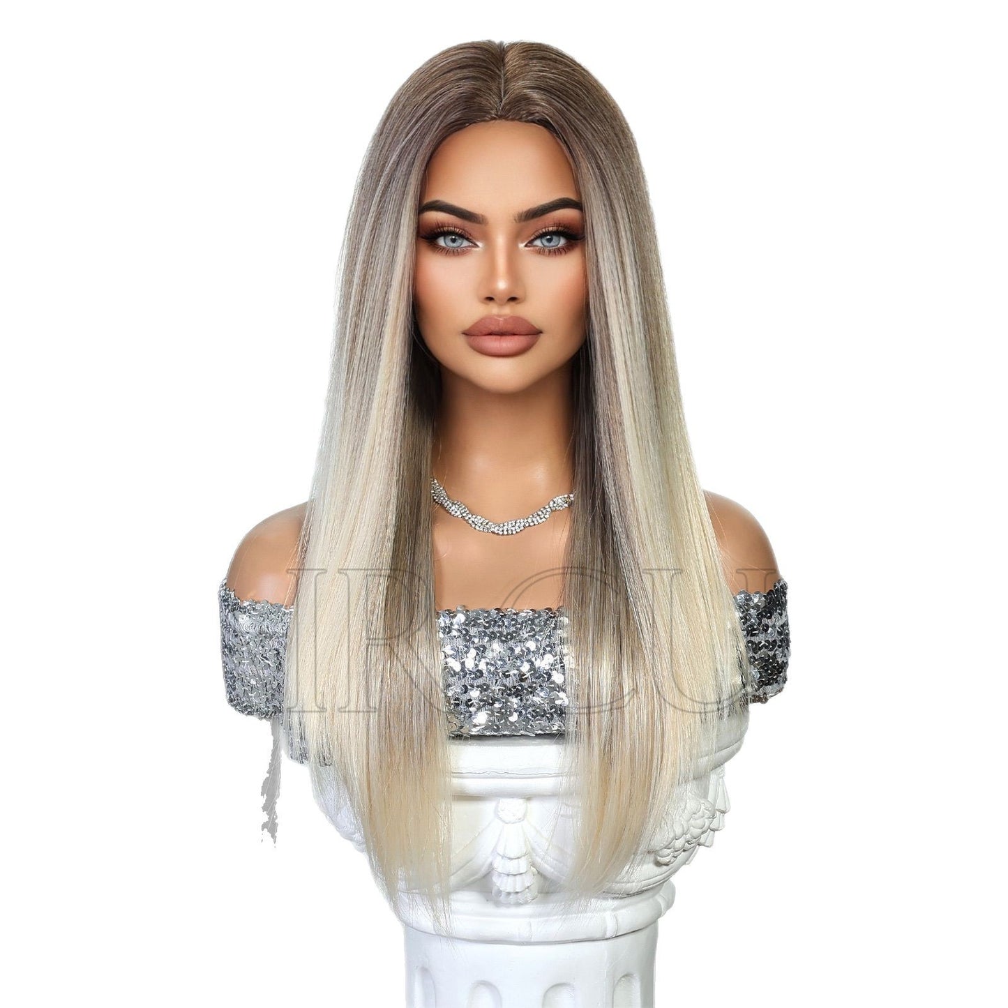 Women's White Gold Color Headgear Bangs Hair Atmosphere Long Straight Wig
