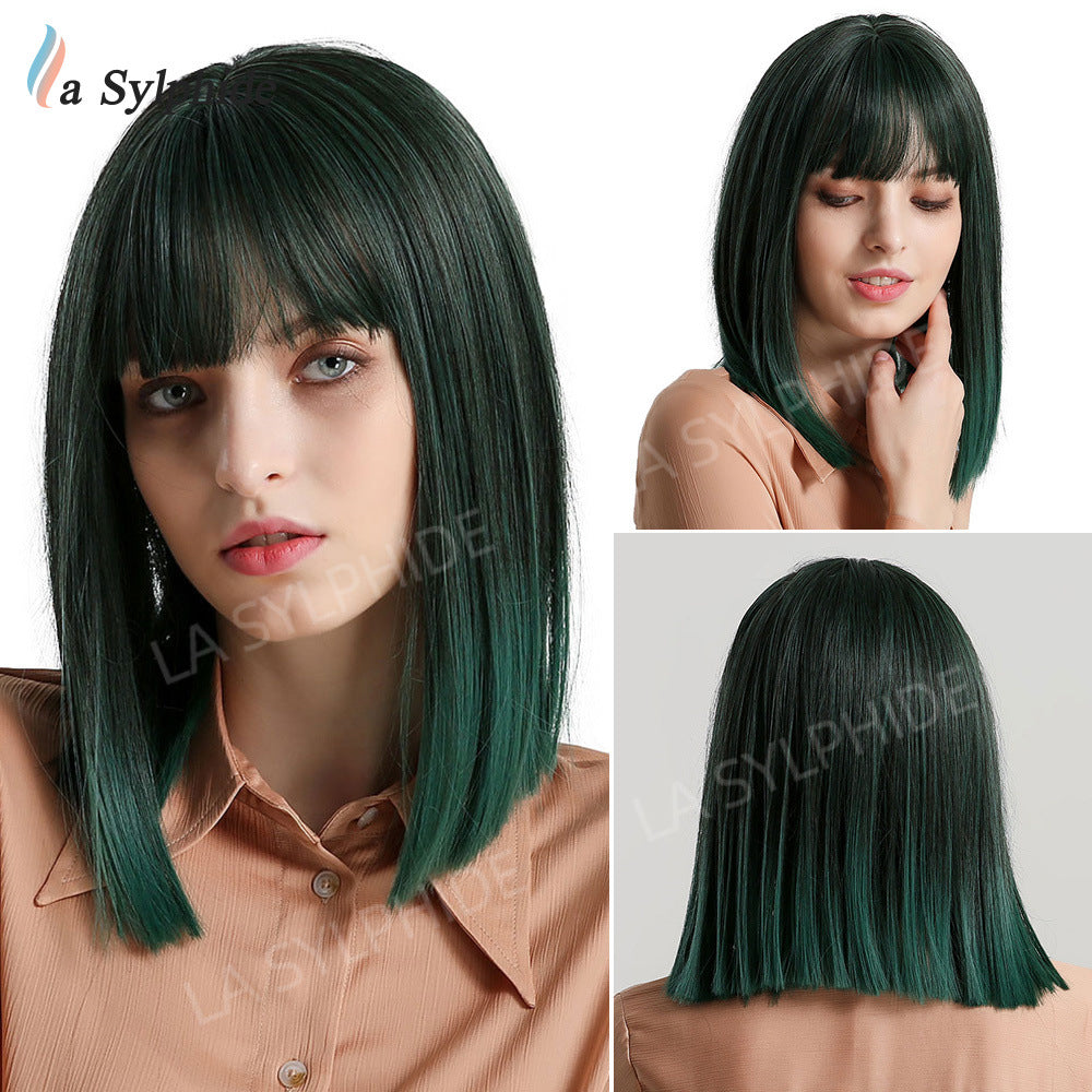 Brown Gradient Golden Chemical Fiber Female Wig Short Straight Hair