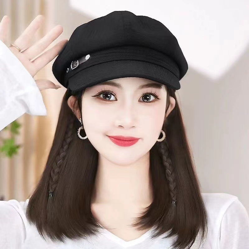 Collarbone Hat Leather Ring Octagonal Cap Wig Short Straight Hair