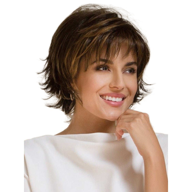 Fluffy Bangs Dark Brown Lady One Wig Short Straight Hair
