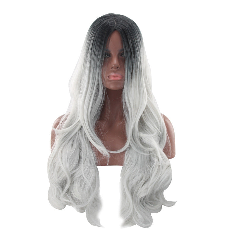 Women's Fiber Mid-length Curly Hair Black Gradient Sier Gray Big Wave Wig Long Curls