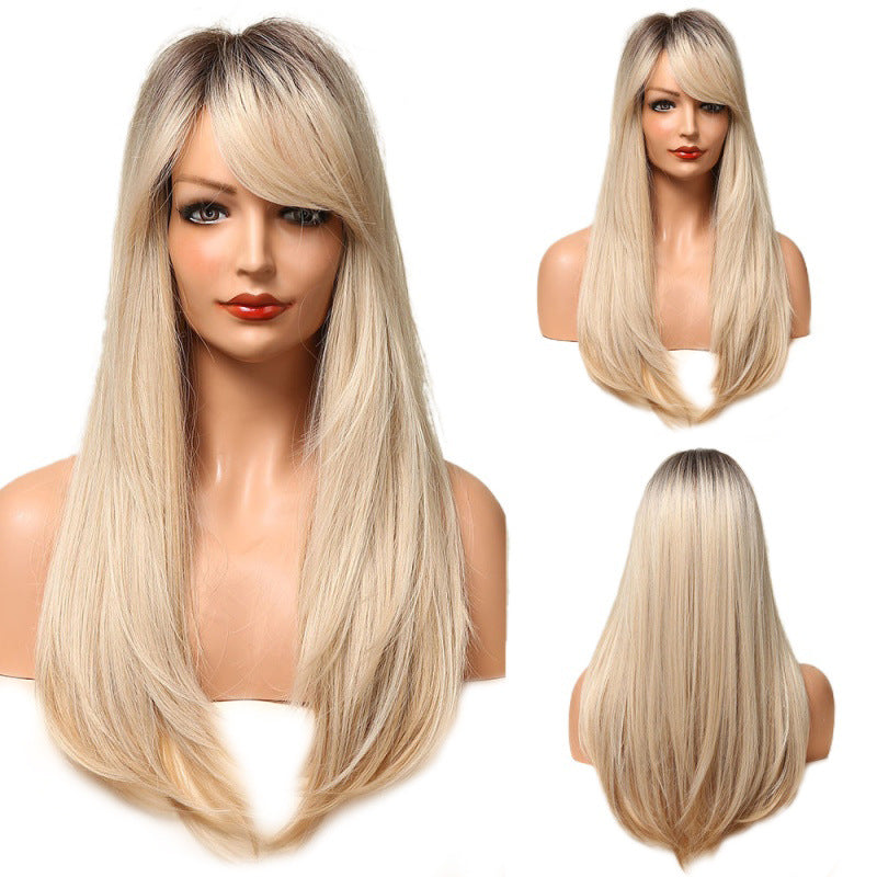 Wind Black Gradient Golden Bangs Hair Curling Wig Long Curls