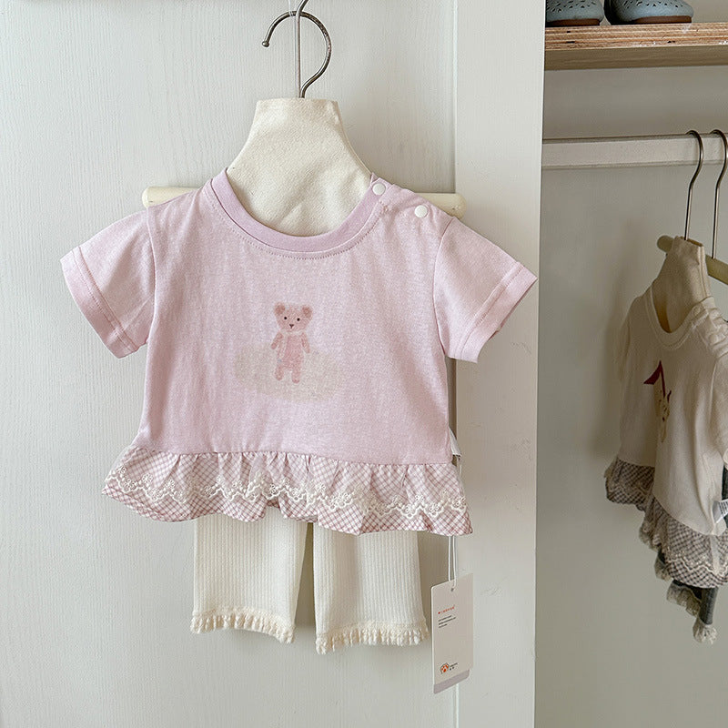 Summer Infant Cartoon Printed Top Sweet Lace Short Children's T-shirt