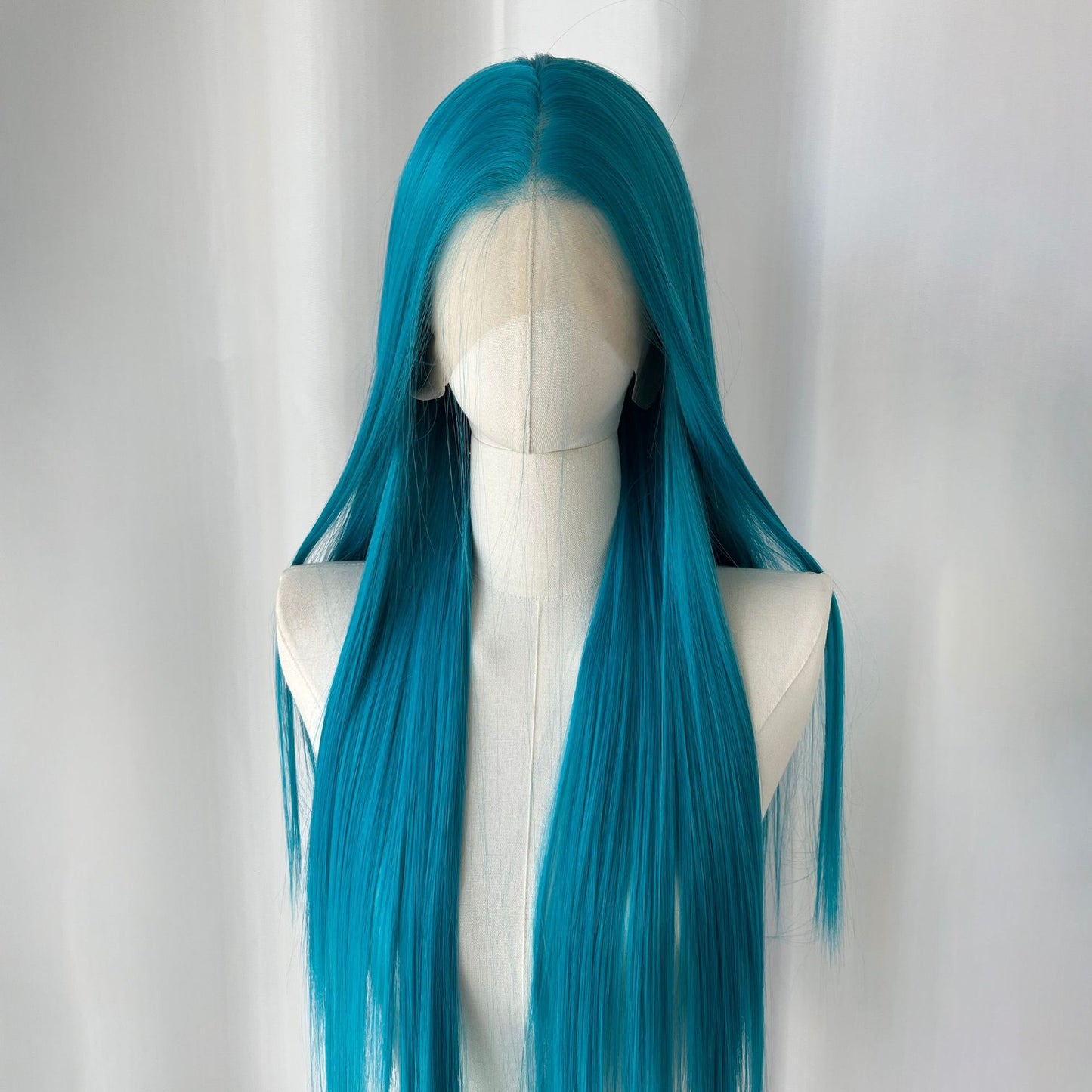 Universal Blue Color Head Cover Hand Crochet Embryo Forehead Lace Long Straight Wig