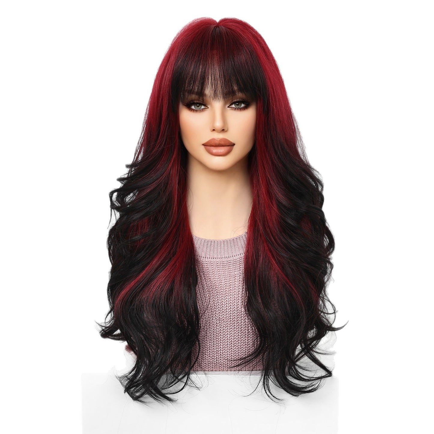 Wine Red Gradient Bangs Fiber Curly Hair Halloween Wig Long Curls