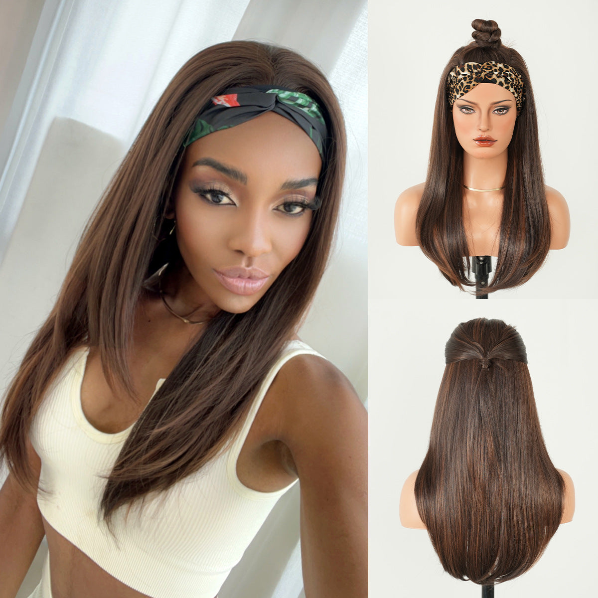 Women's Hot Wind Black Bandana Headband Layered Straight Hair Golden Brown Other Wig