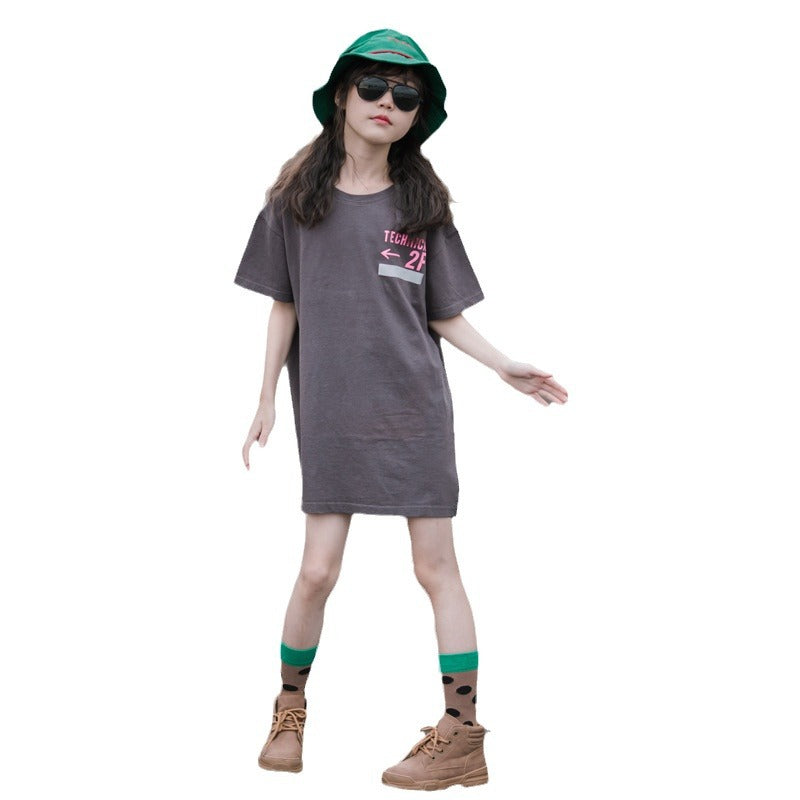 Children's Short Sleeve Mid-length Medium Large Western Style Loose-fitting Children's T-shirt