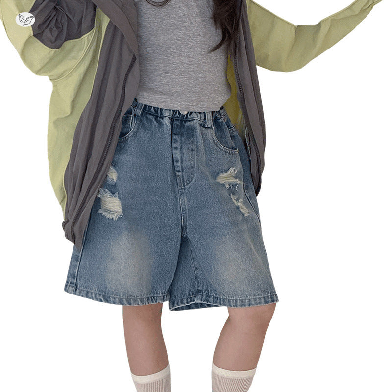 Middle Big Summer Ripped Cropped Jeans Blue Children's Pants