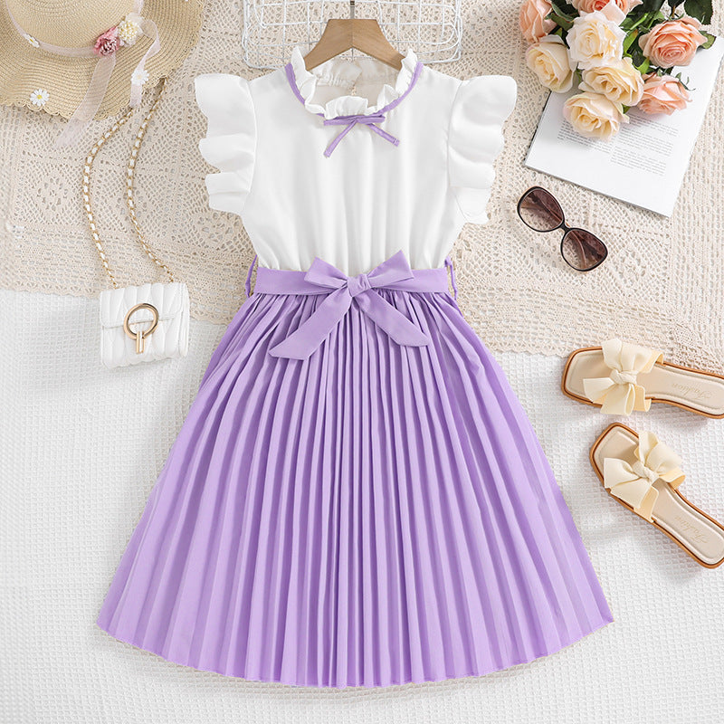 Children's Clothing Summer Style Flounced Sleeve Color Matching Pleated Children's Dress