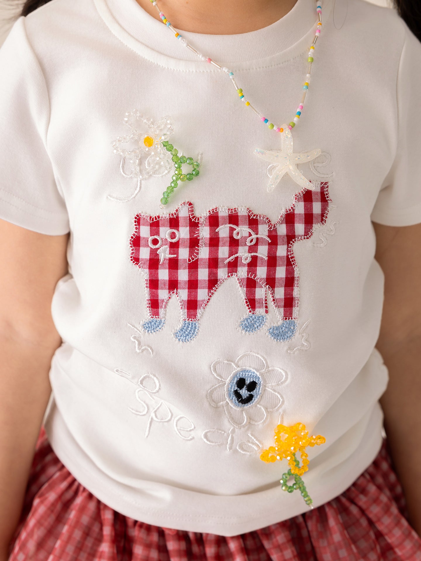 Children's Summer Short Sleeve High Elastic Thread Embroidery Hand Sewing Pearl Children's T-shirt