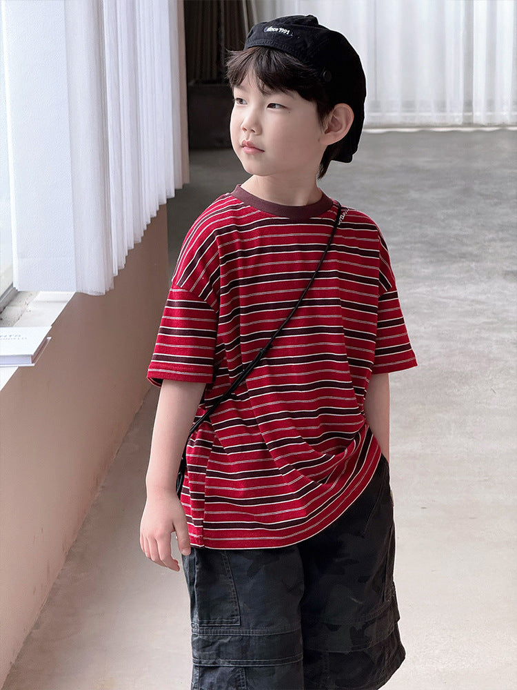 Children's Korean Style Versatile Medium Large Striped Short-sleeved Clothing Boys Trendy Children's T-shirt