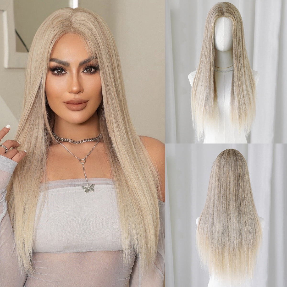 Women's Small Lace Super Hair Gradient Golden Mid-point Long Straight Wig
