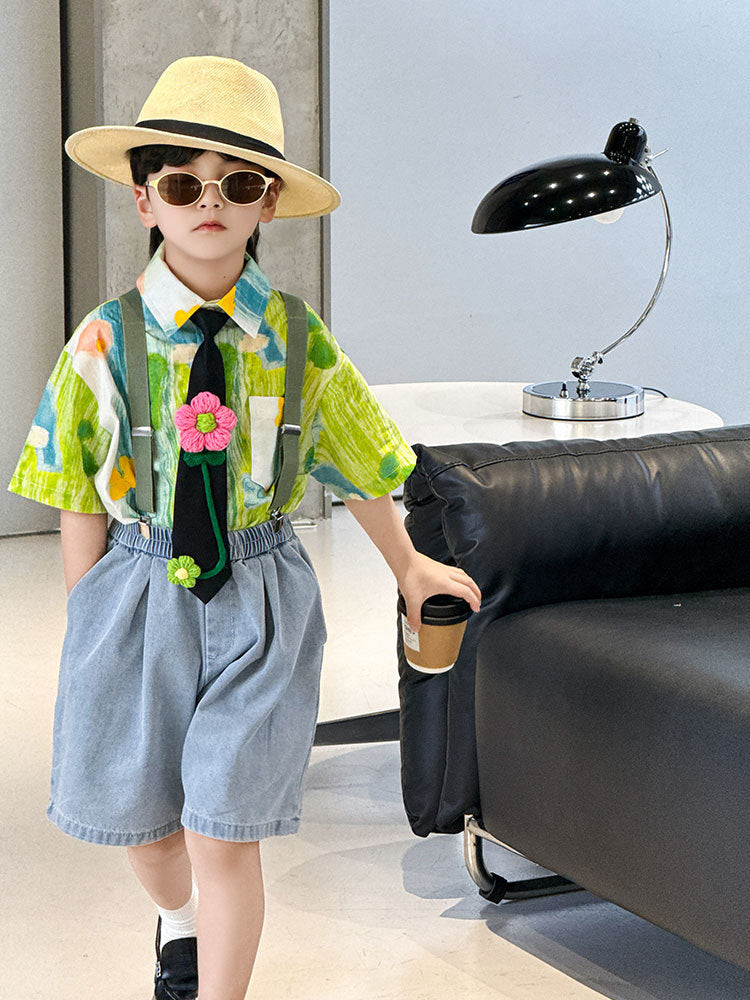 Denim Shorts Casual Printed Suspender Suit Performance Children's Shirt