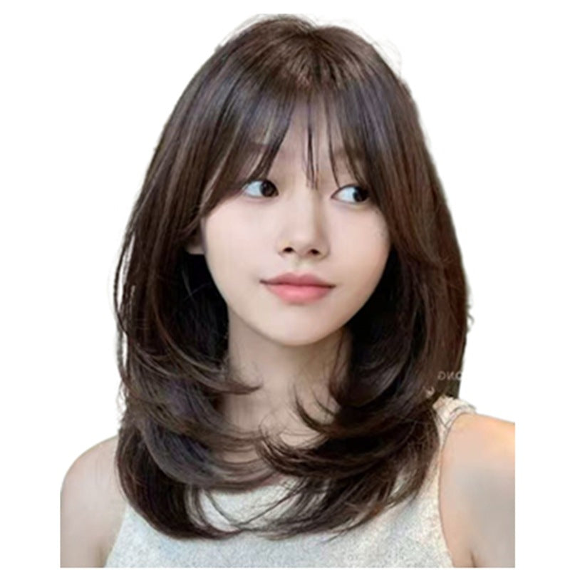 Women's Human Medium Short Straight French Bangs Full Real Hair Wig