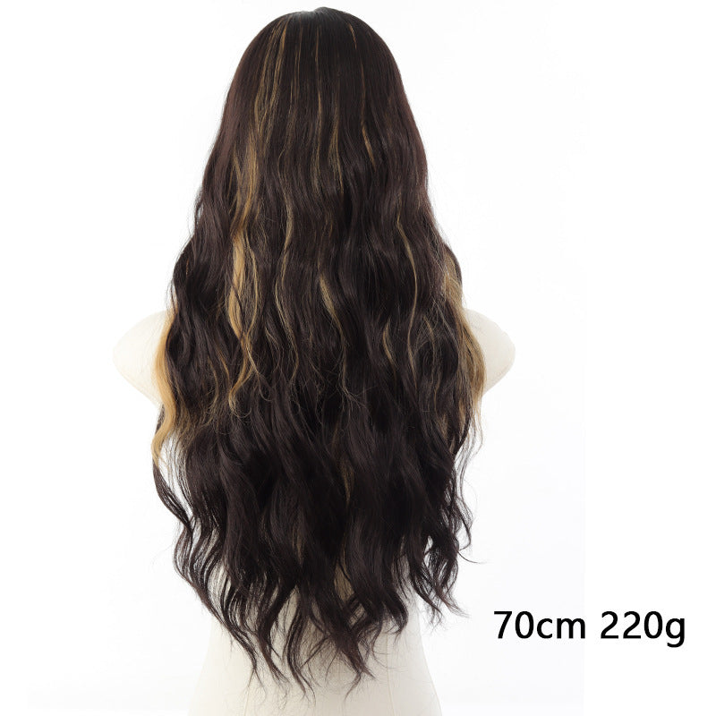 Natural Simulation Scalp Head Dyed Black Brown Hair Straight Bangs Wig Long Curls