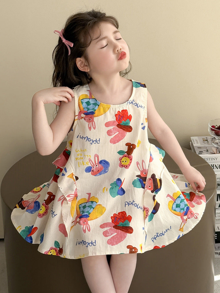 Children's Summer Vest Thin Sleeveless Bubble Ruffle Floral Children's Dress
