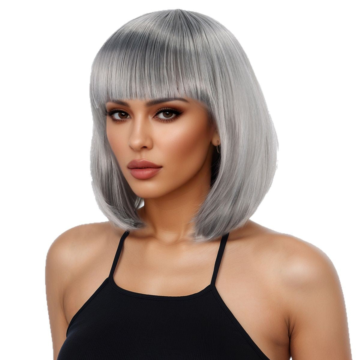 Women's Sier Gray Pullover Air Bangs Temperamental Wig Short Straight Hair