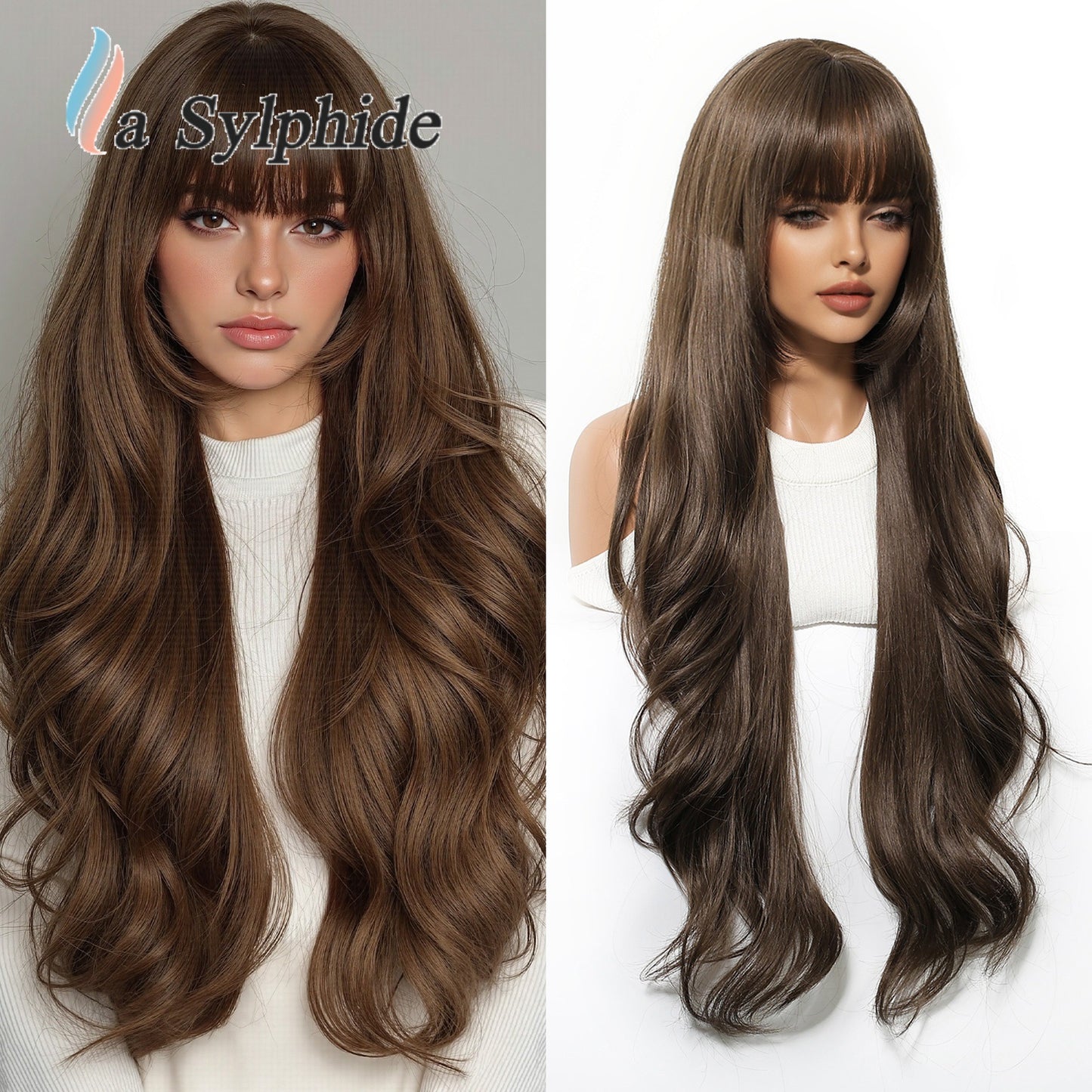 Female Bangs Super Curly Brown Fiber Mechanism Head Cover Wig Long Curls