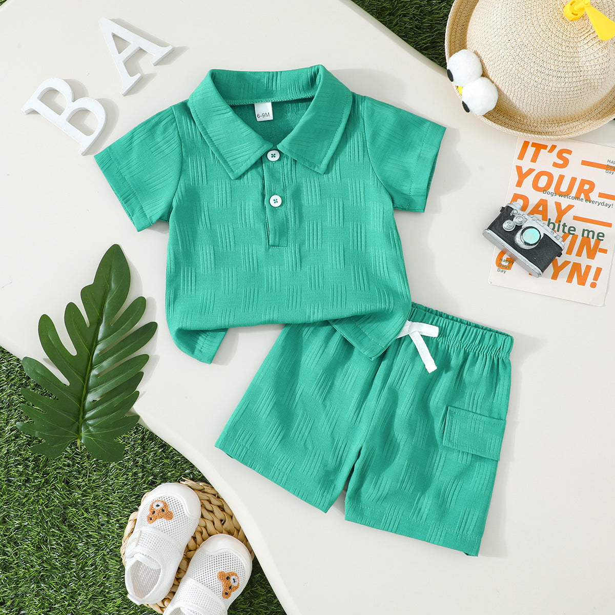 Boy Jacquard Short Sleeve Polo Collar Top Shorts Summer Daily Children's Suit