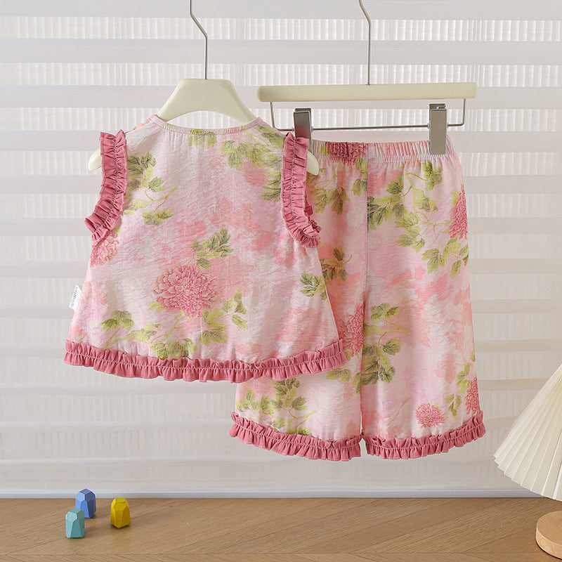 Women's Floral Peony Sleeveless Lace Wide Shoulder Children's Suit