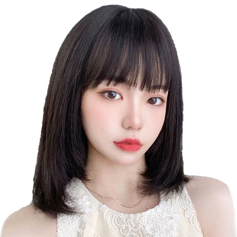 Women's Headgear Hair Full Real Medium Human Collarbone Length Long Straight Wig