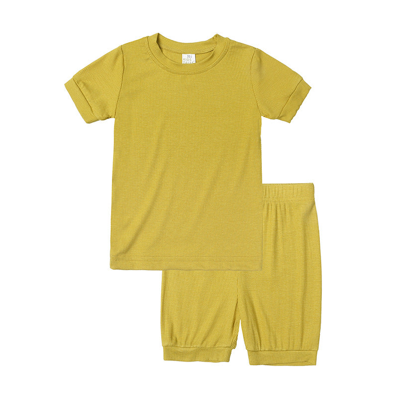 Children's Sunken Stripe Thin Candy Home Wear Short Sleeve Shorts Two-piece Children's Suit