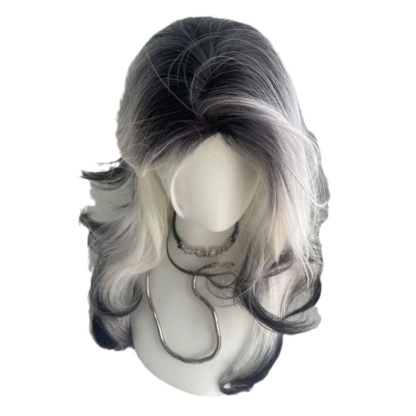 Black White Gradient Explosion Top Paris Painting Dyed Female Simulation Wig Long Curls