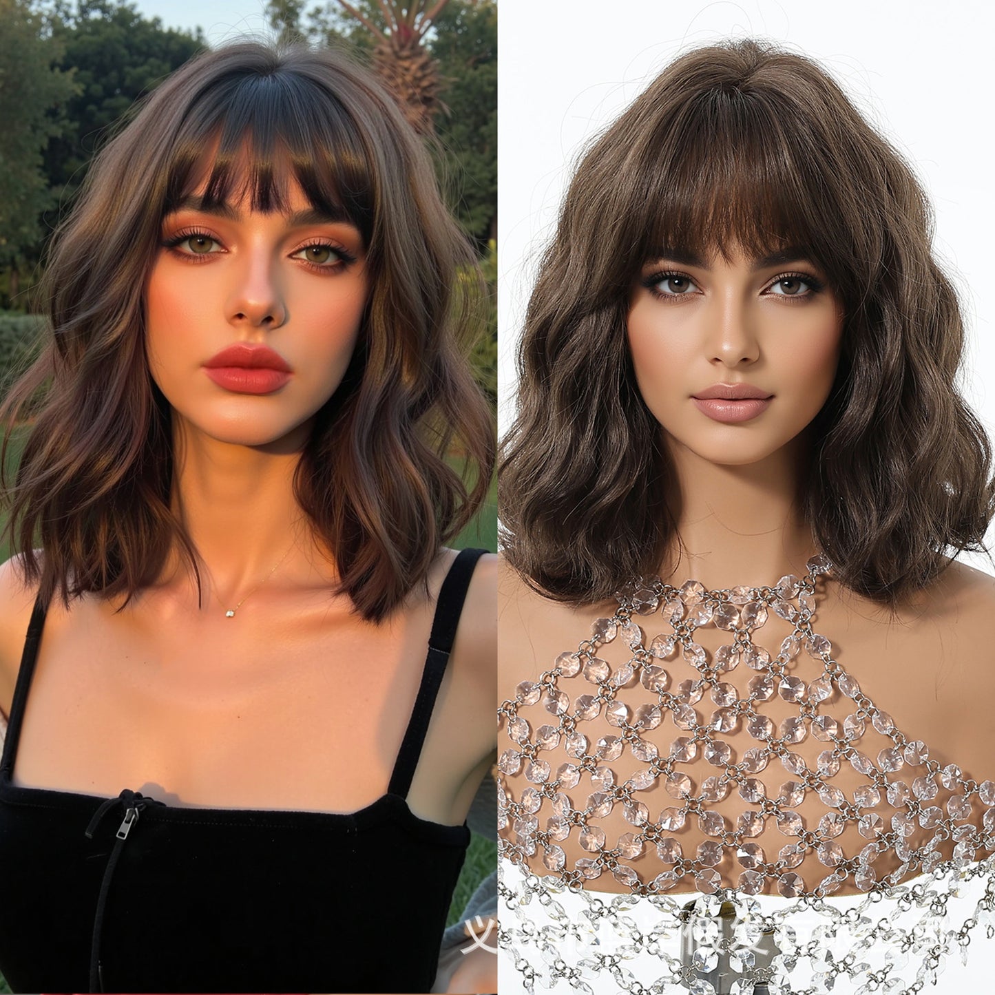 Female White Gold Color Straight Bangs Chemical Fiber Wig Short Curly Hair