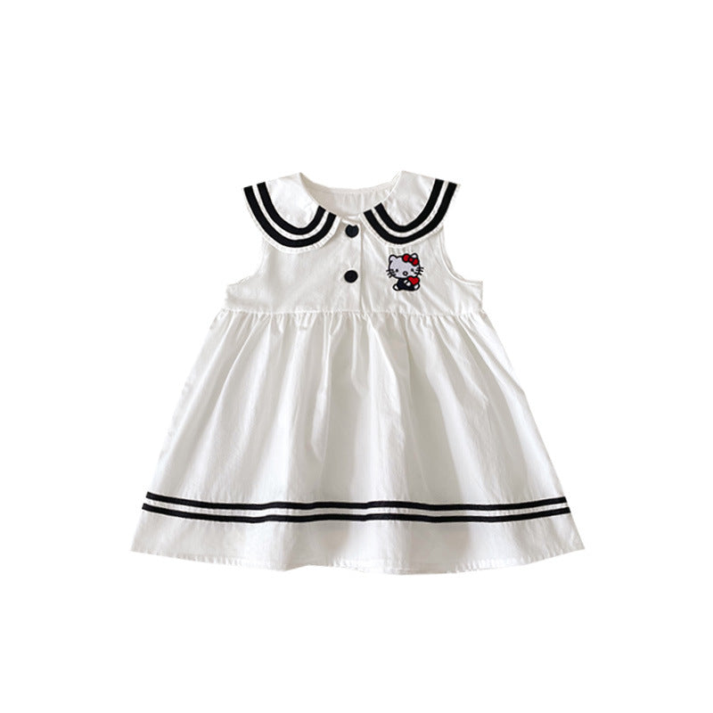 Summer Striped Lapel Cat Embroidered Preppy Children's Dress