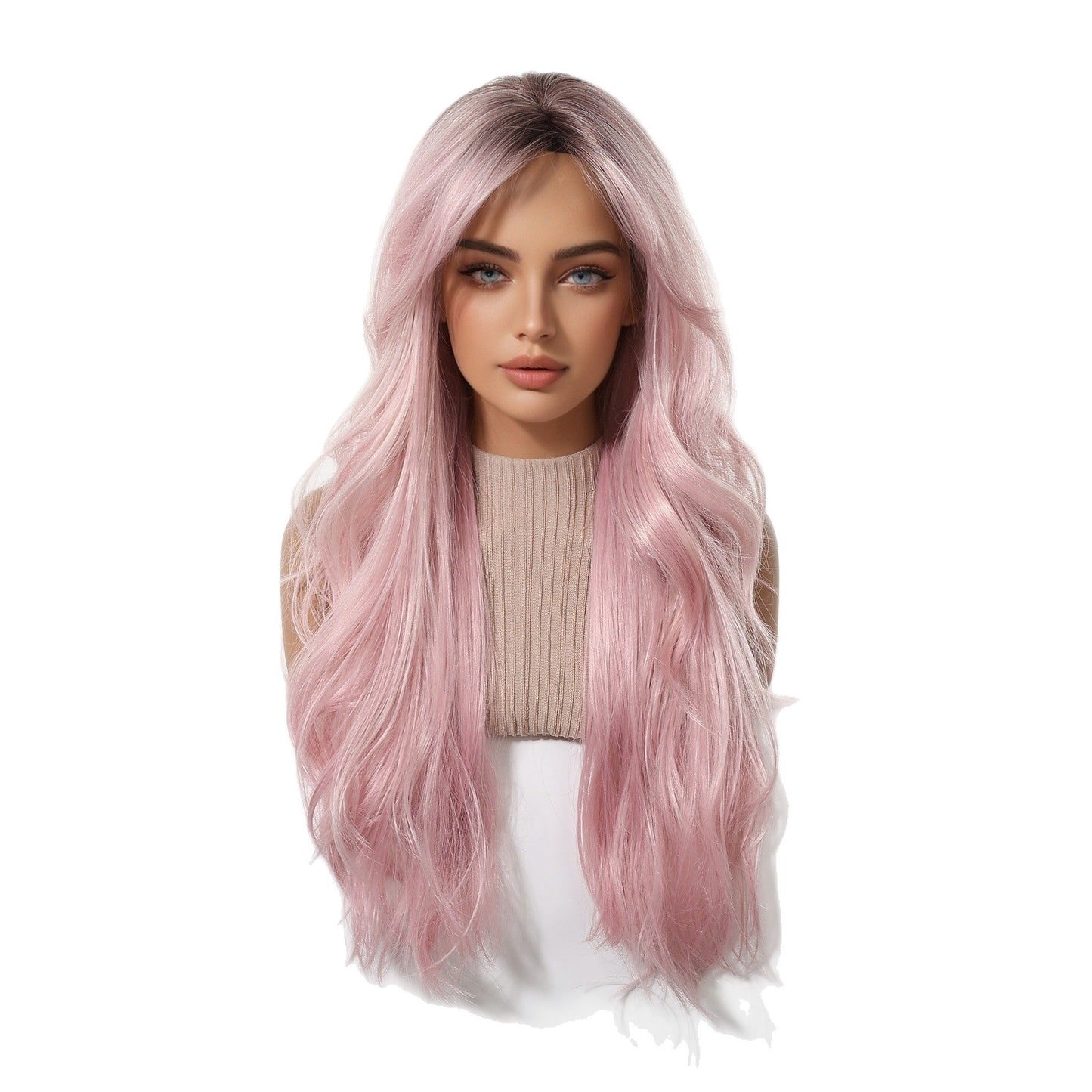 Big Wave Dyed Pink Curly Hair Mid-length Bangs Female Chemical Wig Long Curls