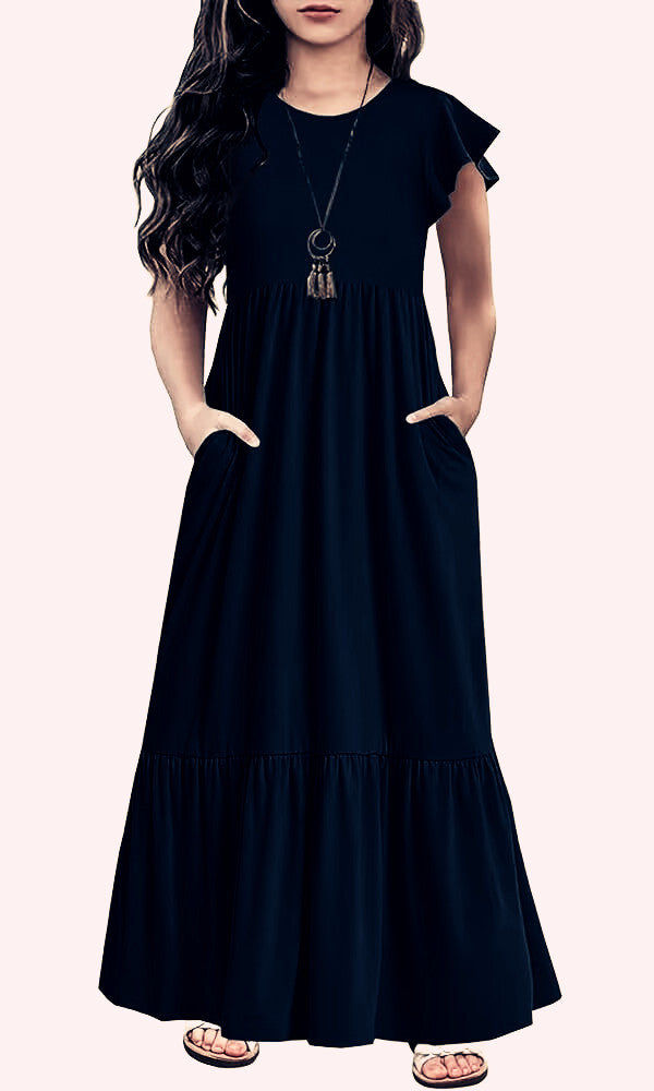 Crew Neck Casual Elegant Layered Super Long Children's Dress