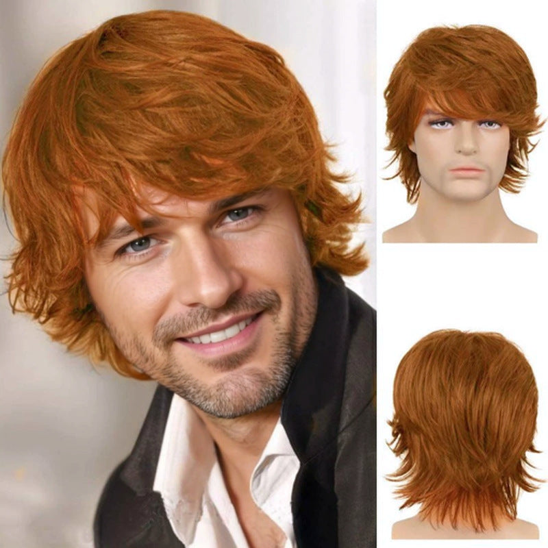 Men's Short Hair Outside Curly Brown Partial Men's Wig