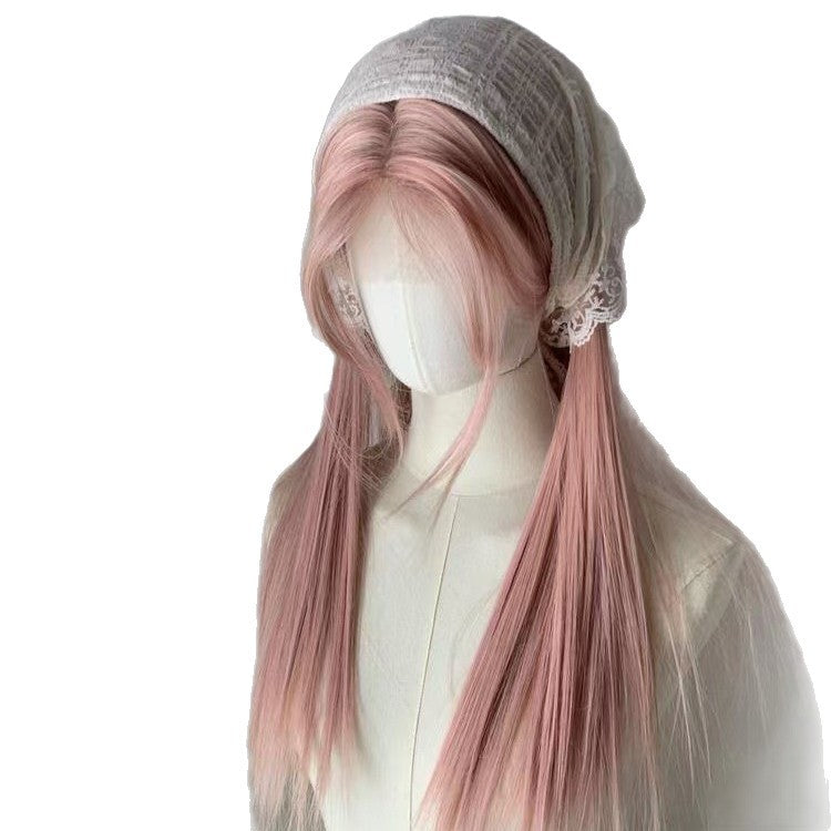 Female Pink Gold Forehead Lace Hair Long Straight Wig