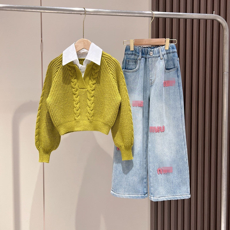 Children's Style Korean Casual Knitted Sweater Fashion Embroidery Trendy Children's Suit