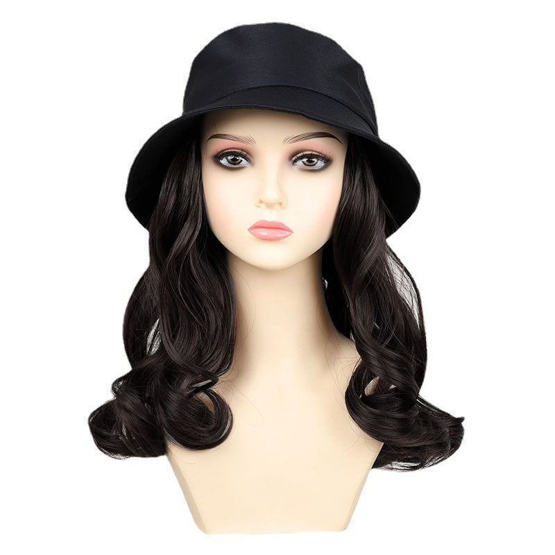 Classic Bucket Hat Detachable Big Wave Wig Long Curls